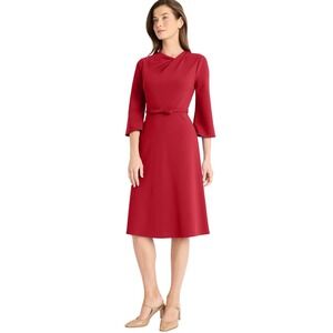 Maggy London Red Twist Neck A-Line Belted Midi Dress 3/4 Sleeve Women's Size 8